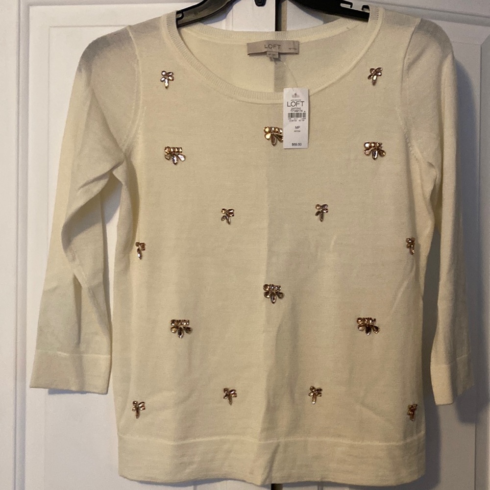 Loft, Medium Petite cream color sweater with light pink rhinestones.